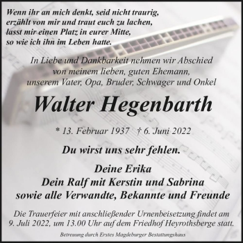 Traueranzeige von Walter Hegenbarth  von Magdeburger Volksstimme