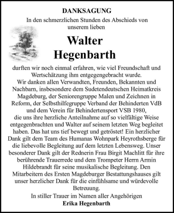 Traueranzeige von Walter Hegenbarth  von Magdeburger Volksstimme