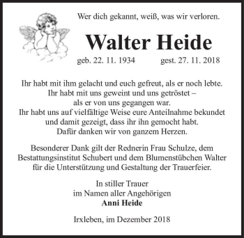 Traueranzeige von Walter Heide  von Magdeburger Volksstimme