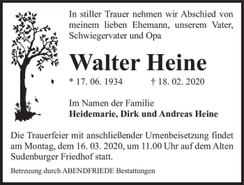 Traueranzeige von Walter Heine  von Magdeburger Volksstimme