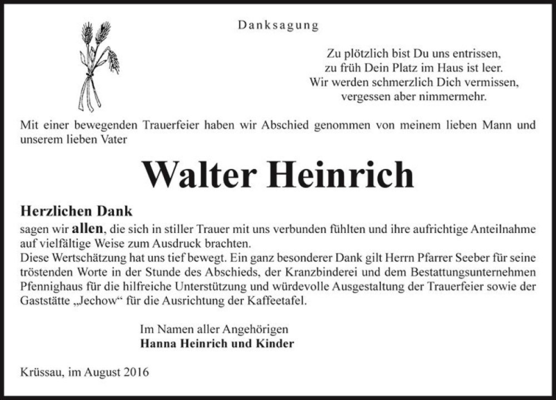  Traueranzeige für Walter Heinrich  vom 27.08.2016 aus Magdeburger Volksstimme