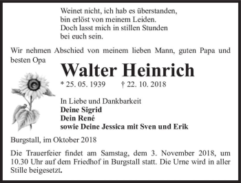 Traueranzeige von Walter Heinrich  von Magdeburger Volksstimme