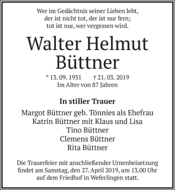 Traueranzeige von Walter Helmut Büttner  von Magdeburger Volksstimme