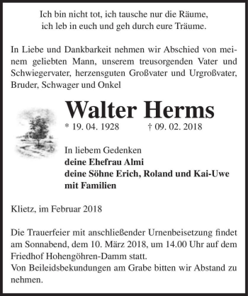 Traueranzeige von Walter Herms  von Magdeburger Volksstimme