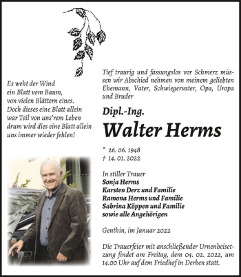 Traueranzeige von Walter Herms  von Magdeburger Volksstimme