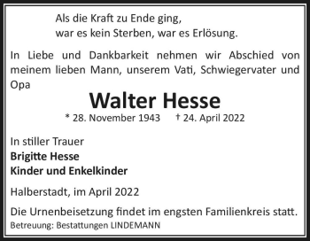 Traueranzeige von Walter Hesse  von Magdeburger Volksstimme