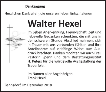 Traueranzeige von Walter Hexel  von Magdeburger Volksstimme