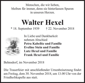 Traueranzeige von Walter Hexel  von Magdeburger Volksstimme