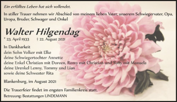 Traueranzeige von Walter Hilgendag  von Magdeburger Volksstimme