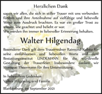 Traueranzeige von Walter Hilgendag  von Magdeburger Volksstimme