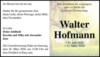 Traueranzeige von Walter Hofmann  von Magdeburger Volksstimme