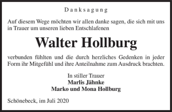 Traueranzeige von Walter Hollburg  von Magdeburger Volksstimme