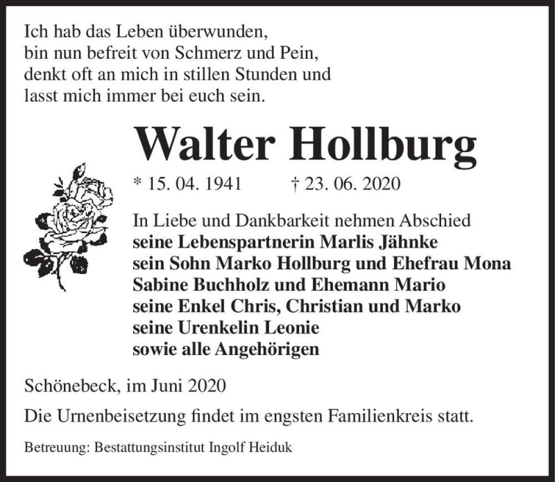  Traueranzeige für Walter Hollburg  vom 27.06.2020 aus Magdeburger Volksstimme
