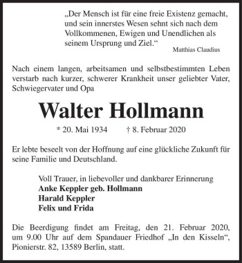 Traueranzeige von Walter Hollmann  von Magdeburger Volksstimme