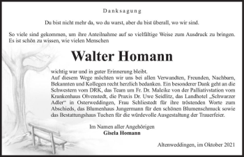 Traueranzeige von Walter Homann  von Magdeburger Volksstimme