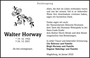 Traueranzeige von Walter Horway  von Magdeburger Volksstimme