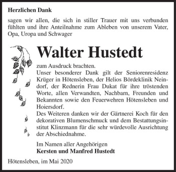 Traueranzeige von Walter Hustedt  von Magdeburger Volksstimme
