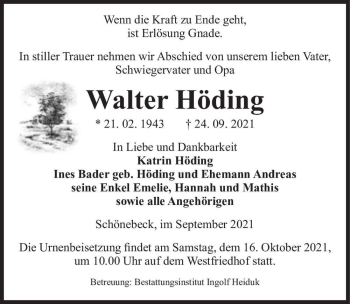 Traueranzeige von Walter Höding  von Magdeburger Volksstimme