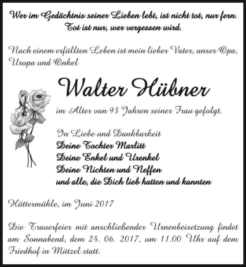 Traueranzeige von Walter Hübner  von Magdeburger Volksstimme