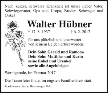 Traueranzeige von Walter Hübner  von Magdeburger Volksstimme