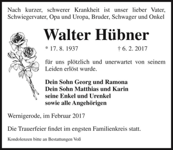 Traueranzeige von Walter Hübner  von Magdeburger Volksstimme
