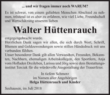 Traueranzeige von Walter Hüttenrauch  von Magdeburger Volksstimme