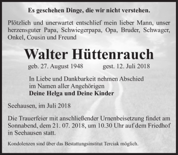Traueranzeige von Walter Hüttenrauch  von Magdeburger Volksstimme