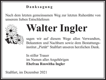Traueranzeige von Walter Ingler  von Magdeburger Volksstimme