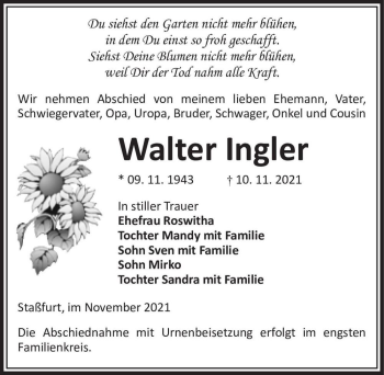 Traueranzeige von Walter Ingler  von Magdeburger Volksstimme