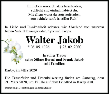 Traueranzeige von Walter Jacob  von Magdeburger Volksstimme