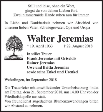 Traueranzeige von Walter Jeremias  von Magdeburger Volksstimme
