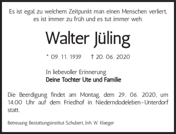 Traueranzeige von Walter Jüling  von Magdeburger Volksstimme