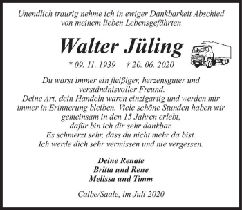 Traueranzeige von Walter Jüling  von Magdeburger Volksstimme