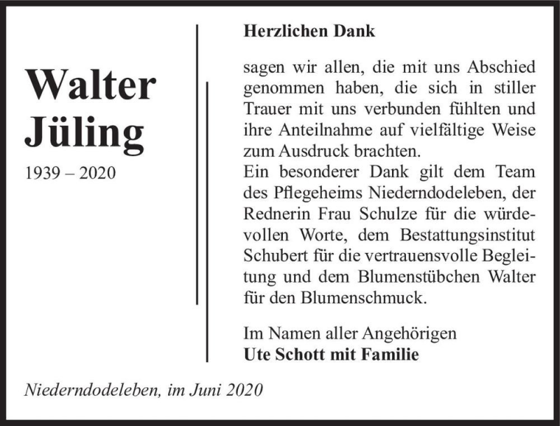  Traueranzeige für Walter Jüling  vom 11.07.2020 aus Magdeburger Volksstimme