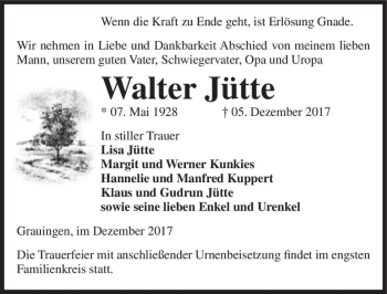 Traueranzeige von Walter Jütte  von Magdeburger Volksstimme