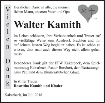 Traueranzeige von Walter Kamith  von Magdeburger Volksstimme
