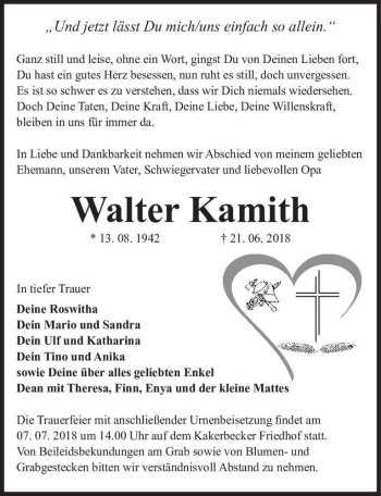Traueranzeige von Walter Kamith  von Magdeburger Volksstimme