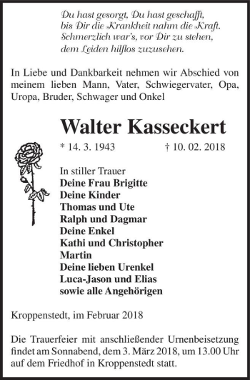 Traueranzeige von Walter Kasseckert  von Magdeburger Volksstimme