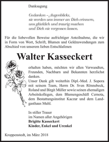 Traueranzeige von Walter Kasseckert  von Magdeburger Volksstimme
