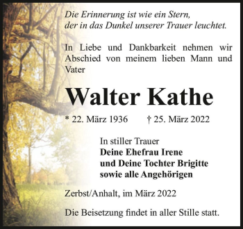 Traueranzeige von Walter Kathe  von Magdeburger Volksstimme