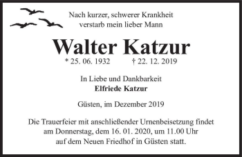 Traueranzeige von Walter Katzur  von Magdeburger Volksstimme