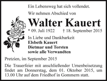Traueranzeige von Walter Kauert  von Magdeburger Volksstimme