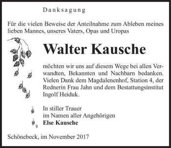 Traueranzeige von Walter Kausche  von Magdeburger Volksstimme