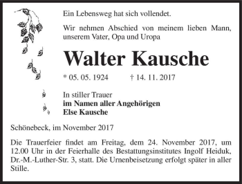 Traueranzeige von Walter Kausche  von Magdeburger Volksstimme