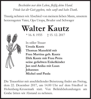 Traueranzeige von Walter Kautz  von Magdeburger Volksstimme