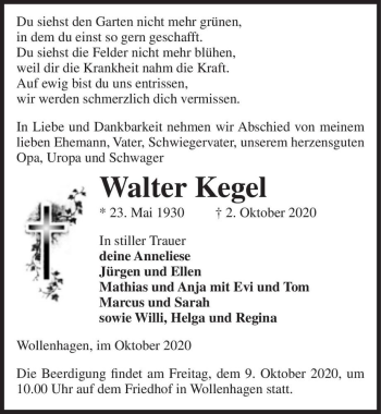 Traueranzeige von Walter Kegel  von Magdeburger Volksstimme