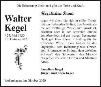 Traueranzeige von Walter Kegel  von Magdeburger Volksstimme