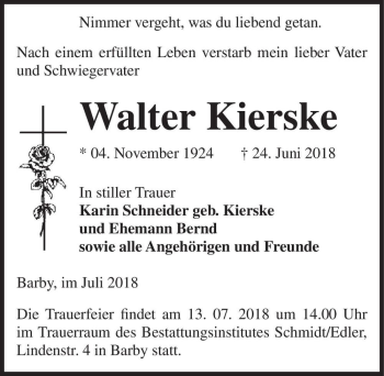 Traueranzeige von Walter Kierske  von Magdeburger Volksstimme