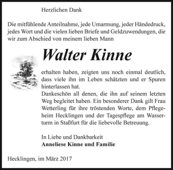 Traueranzeige von Walter Kinne  von Magdeburger Volksstimme