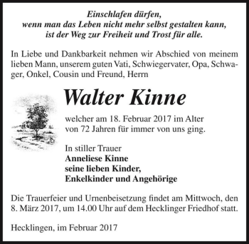 Traueranzeige von Walter Kinne  von Magdeburger Volksstimme